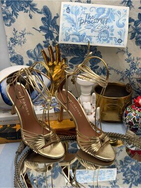 ๐ KURT GEIGER LONDON ๐งฟ NWOB Multi Strap Tie Heel Sandal, Gold - Sz 37 US 7
